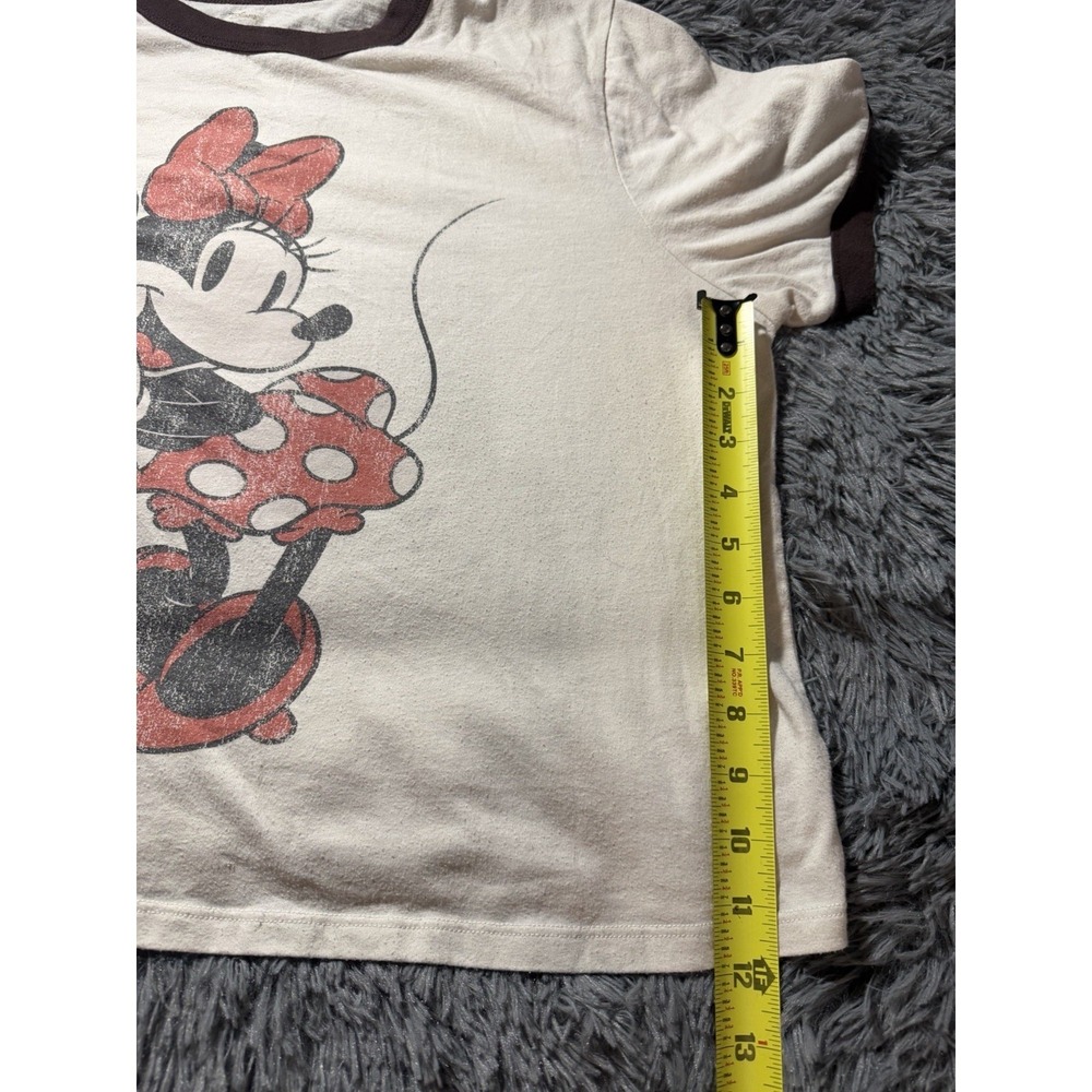 Disney Minnie Mouse Ringer T-Shirt Cream Brown Distressed Graphic Crop Top - Picture 5 of 6